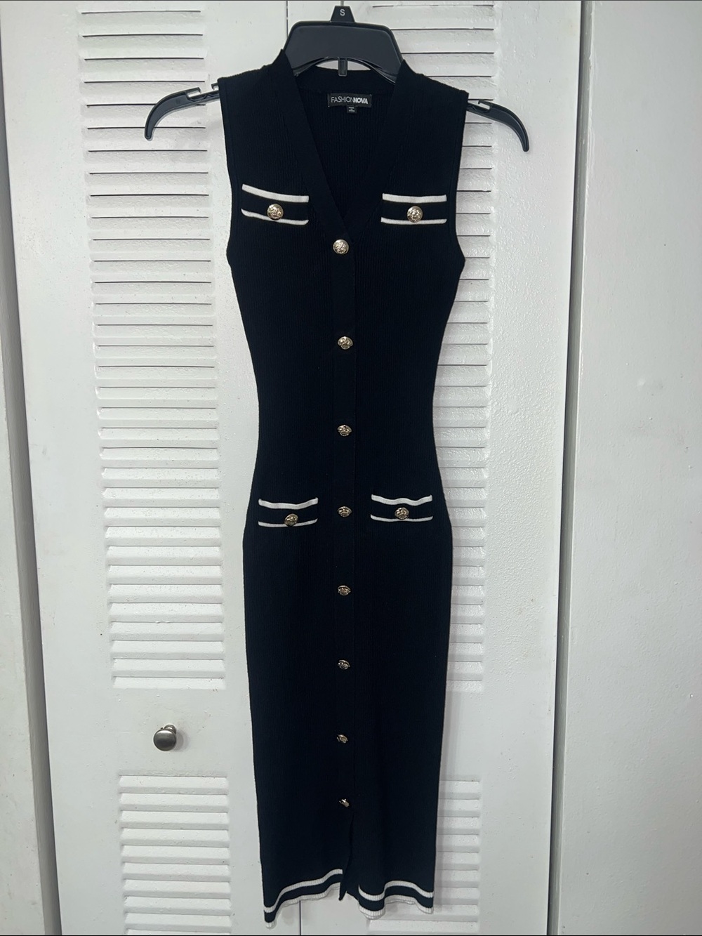 Fashion Nova Black Sleeveless Midi Knit Dress with White Trim & Buttons